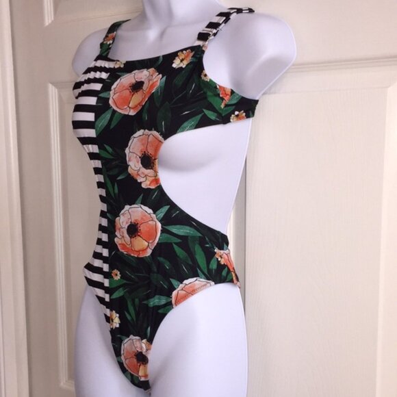 Cupshe Orange Green Black Striped Floral Swimsuit Bathing Suit Size Small - Picture 10 of 13
